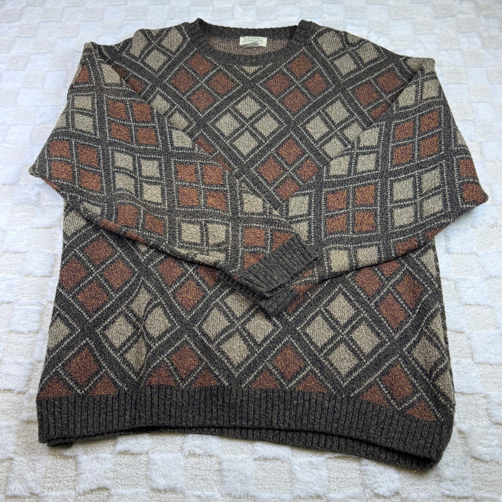 St Johns Bay Mens XL Argyle Diamond Knit Sweater Brown Tan Cotton Blend USA